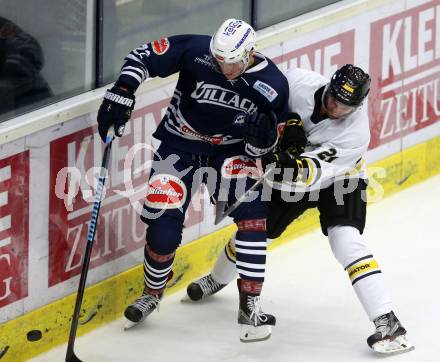 Eishockey Testspiel. VSV gegen Stavagner Oilers. Adis Alagic, (VSV),  Daniel Rokseth (Stavagner Oilers). Villach, am 15.8.2015.
Foto: Kuess
---
pressefotos, pressefotografie, kuess, qs, qspictures, sport, bild, bilder, bilddatenbank