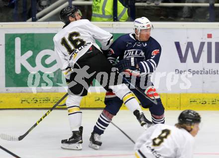 Eishockey Testspiel. VSV gegen Stavagner Oilers. Andy Canzanello, (VSV),  Petter Roste Fossen (Stavagner Oilers). Villach, am 15.8.2015.
Foto: Kuess
---
pressefotos, pressefotografie, kuess, qs, qspictures, sport, bild, bilder, bilddatenbank