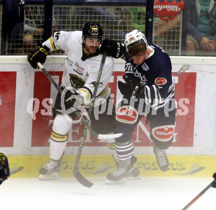 Eishockey Testspiel. VSV gegen Stavagner Oilers. Michael Raffl, (VSV),  Simen Talge (Stavagner Oilers). Villach, am 15.8.2015.
Foto: Kuess
---
pressefotos, pressefotografie, kuess, qs, qspictures, sport, bild, bilder, bilddatenbank