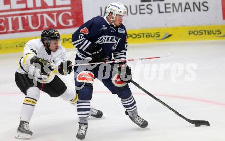 Eishockey Testspiel. VSV gegen Stavagner Oilers. Michael Raffl, (VSV),  Stian Hoygard (Stavagner Oilers). Villach, am 15.8.2015.
Foto: Kuess
---
pressefotos, pressefotografie, kuess, qs, qspictures, sport, bild, bilder, bilddatenbank