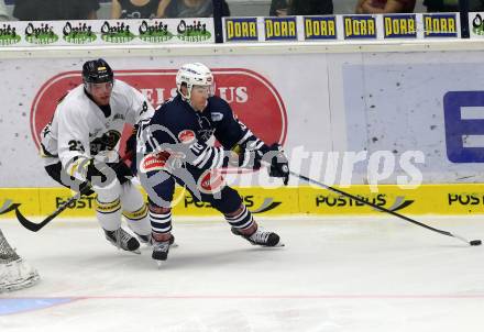 Eishockey Testspiel. VSV gegen Stavagner Oilers. Brock McBride, (VSV),  Anders Henriksen (Stavagner Oilers). Villach, am 15.8.2015.
Foto: Kuess
---
pressefotos, pressefotografie, kuess, qs, qspictures, sport, bild, bilder, bilddatenbank