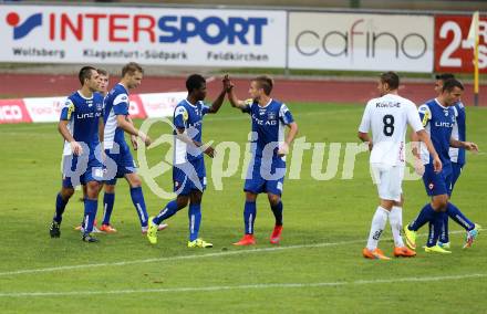 Fussball. Regionalliga. WAC Amateure gegen BW Linz. Torjubel  Yusuf Olaitan Otubanjo,  (Linz). Wolfsberg, 16.8.2015.
Foto: Kuess
---
pressefotos, pressefotografie, kuess, qs, qspictures, sport, bild, bilder, bilddatenbank