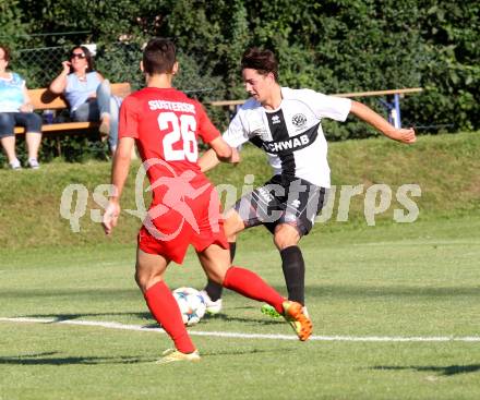 Fussball. Kaerntner Liga. Atus Ferlach gegen Kuehnsdorf. Martin Sustersic (Ferlach), Paul Armin Uster (Kuehnsdorf).  Ferlach, 22.8.2015.
Foto: Kuess
---
pressefotos, pressefotografie, kuess, qs, qspictures, sport, bild, bilder, bilddatenbank