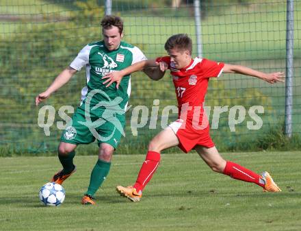 Fussball Unterliga Ost. Ludmannsdorf gegen KAC 1909.  Jernej Smukavec (Ludmannsdorf), Florian Richard Peterl (KAC). Ludmannsdorf, am 23.8.2015.
Foto: Kuess
---
pressefotos, pressefotografie, kuess, qs, qspictures, sport, bild, bilder, bilddatenbank