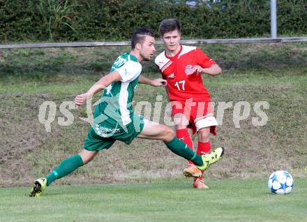 Fussball Unterliga Ost. Ludmannsdorf gegen KAC 1909.  Patrick Quantschnig (Ludmannsdorf), Florian Richard Peterl (KAC). Ludmannsdorf, am 23.8.2015.
Foto: Kuess
---
pressefotos, pressefotografie, kuess, qs, qspictures, sport, bild, bilder, bilddatenbank