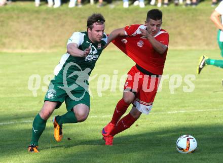 Fussball Unterliga Ost. Ludmannsdorf gegen KAC 1909.  Jernej Smukavec(Ludmannsdorf), Hasan Kupinic (KAC). Ludmannsdorf, am 23.8.2015.
Foto: Kuess
---
pressefotos, pressefotografie, kuess, qs, qspictures, sport, bild, bilder, bilddatenbank