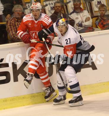 Eishockey Champions Hockey League. KAC gegen EHC Muenchen. Patrick Harand (KAC), Matthew Smaby (EHC Muenchen). Klagenfurt, am 23.8.2015.
Foto: Kuess
---
pressefotos, pressefotografie, kuess, qs, qspictures, sport, bild, bilder, bilddatenbank