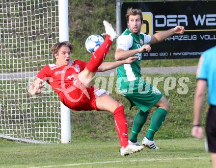 Fussball Unterliga Ost. Ludmannsdorf gegen KAC 1909.  Stefan Kalt (Ludmannsdorf), Lukas Lausegger (KAC). Ludmannsdorf, am 23.8.2015.
Foto: Kuess
---
pressefotos, pressefotografie, kuess, qs, qspictures, sport, bild, bilder, bilddatenbank