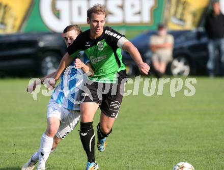 Fussball 1. KLasse A. Greifenburg gegen Kirchbach. David Brandner, (Greifenburg), Grega Gorisek  (Kirchbach). Greifenburg, am 22.8.2015.
Foto: Kuess
---
pressefotos, pressefotografie, kuess, qs, qspictures, sport, bild, bilder, bilddatenbank