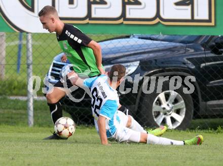 Fussball 1. KLasse A. Greifenburg gegen Kirchbach. Sven Obergantschnig, (Greifenburg), Kevin Jernej  (Kirchbach). Greifenburg, am 22.8.2015.
Foto: Kuess
---
pressefotos, pressefotografie, kuess, qs, qspictures, sport, bild, bilder, bilddatenbank