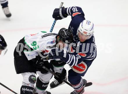 Eishockey Testspiel. EC VSV gegen Olimpija Ljubljana. Brock McBride, (VSV),  Roland Kaspitz  (Laibach). Villach, am 27.8.2015.
Foto: Kuess
---
pressefotos, pressefotografie, kuess, qs, qspictures, sport, bild, bilder, bilddatenbank