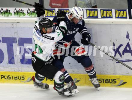 Eishockey Testspiel. EC VSV gegen Olimpija Ljubljana. Markus Schlacher (VSV),  HADZIC Sebastijan (Laibach). Villach, am 27.8.2015.
Foto: Kuess
---
pressefotos, pressefotografie, kuess, qs, qspictures, sport, bild, bilder, bilddatenbank