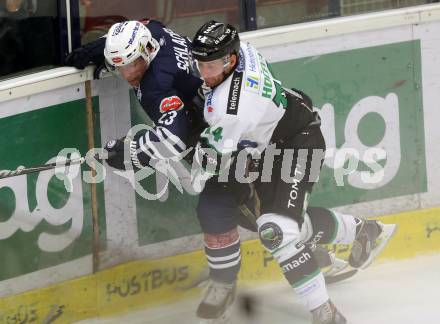 Eishockey Testspiel. EC VSV gegen Olimpija Ljubljana. Markus Schlacher,  (VSV),  HOCEVAR Matej (Laibach). Villach, am 27.8.2015.
Foto: Kuess
---
pressefotos, pressefotografie, kuess, qs, qspictures, sport, bild, bilder, bilddatenbank