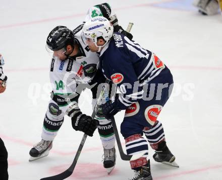 Eishockey Testspiel. EC VSV gegen Olimpija Ljubljana. Brock McBride (VSV),  HOCEVAR Matej (Laibach). Villach, am 27.8.2015.
Foto: Kuess
---
pressefotos, pressefotografie, kuess, qs, qspictures, sport, bild, bilder, bilddatenbank