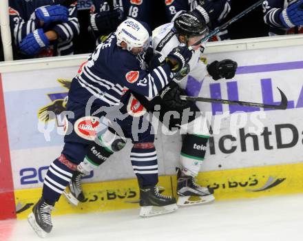 Eishockey Testspiel. EC VSV gegen Olimpija Ljubljana. Ziga Pance, (VSV),  HADZIC Sebastijan (Laibach). Villach, am 27.8.2015.
Foto: Kuess
---
pressefotos, pressefotografie, kuess, qs, qspictures, sport, bild, bilder, bilddatenbank