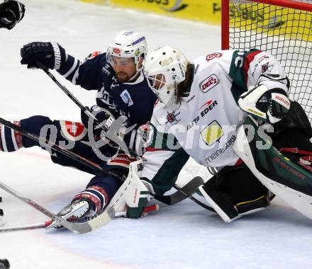 Eishockey Testspiel. EC VSV gegen Star Bulls Rosenheim. Eric Hunter (VSV), Lukas Steinhauer (Rosenheim). Villach, am 23.8.2015.
Foto: Kuess
---
pressefotos, pressefotografie, kuess, qs, qspictures, sport, bild, bilder, bilddatenbank