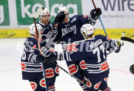 Eishockey Testspiel. EC VSV gegen Olimpija Ljubljana. Torjubel Daniel Nageler, Miha Verlic, Adis Alagic, Florian Muehlstein (VSV). Villach, am 27.8.2015.
Foto: Kuess
---
pressefotos, pressefotografie, kuess, qs, qspictures, sport, bild, bilder, bilddatenbank