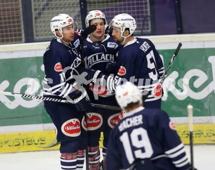 Eishockey Testspiel. EC VSV gegen Olimpija Ljubljana. Torjubel Mark Santorelli, Patrick Platzer, Eric Hunter (VSV). Villach, am 27.8.2015.
Foto: Kuess
---
pressefotos, pressefotografie, kuess, qs, qspictures, sport, bild, bilder, bilddatenbank