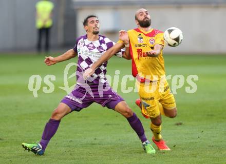 Fussball Sky go Erste Liga. SK Austria Klagenfurt gegen KSV 1919.  Manuel Wallner,  (Klagenfurt), Sergi Arimany (KSV). Klagenfurt, am 28.8.2015.
Foto: Kuess
---
pressefotos, pressefotografie, kuess, qs, qspictures, sport, bild, bilder, bilddatenbank