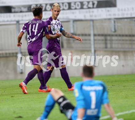 Fussball Sky go Erste Liga. SK Austria Klagenfurt gegen KSV 1919.  Torjubel Eric Zachhuber, Rajko Rep (Klagenfurt). Klagenfurt, am 28.8.2015.
Foto: Kuess
---
pressefotos, pressefotografie, kuess, qs, qspictures, sport, bild, bilder, bilddatenbank