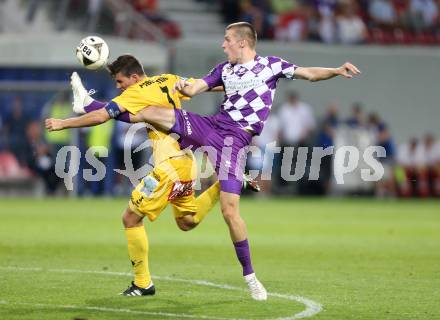 Fussball Sky go Erste Liga. SK Austria Klagenfurt gegen KSV 1919.  Patrik Eler, (Klagenfurt),  Manfred Gollner (KSV). Klagenfurt, am 28.8.2015.
Foto: Kuess
---
pressefotos, pressefotografie, kuess, qs, qspictures, sport, bild, bilder, bilddatenbank