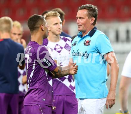 Fussball Sky go Erste Liga. SK Austria Klagenfurt gegen KSV 1919.  Marco Sahanek, Trainer Manfred Bender (Klagenfurt). Klagenfurt, am 28.8.2015.
Foto: Kuess
---
pressefotos, pressefotografie, kuess, qs, qspictures, sport, bild, bilder, bilddatenbank