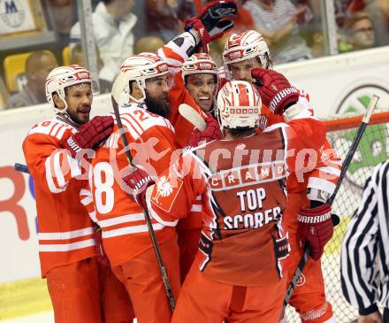 Eishockey Champions Hockey League. KAC gegen HC Kosice. Torjubel Kevin Kapstadt, Thomas Koch, Martin Schumnig, Markus Poeck, Manuel Geier (KAC). Klagenfurt, am 30.8.2015.
Foto: Kuess
---
pressefotos, pressefotografie, kuess, qs, qspictures, sport, bild, bilder, bilddatenbank