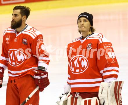 Eishockey Champions Hockey League. KAC gegen HC Kosice.  Martin Schumnig, Thomas Stroj (KAC). Klagenfurt, am 30.8.2015.
Foto: Kuess
---
pressefotos, pressefotografie, kuess, qs, qspictures, sport, bild, bilder, bilddatenbank