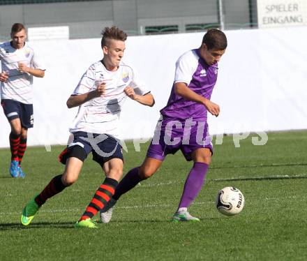 Fussball. Unterliga Ost. Austria Klagenfurt Amateure gegen SG FC Poggersdorf. Matthias Arnold (Austria Klagenfurt), Maximilian Pichler(Poggersdorf). Klagenfurt, 29.8.2015.
Foto: Kuess 
---
pressefotos, pressefotografie, kuess, qs, qspictures, sport, bild, bilder, bilddatenbank