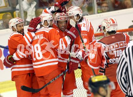 Eishockey Champions Hockey League. KAC gegen HC Kosice. Torjubel Kevin Kapstadt, Thomas Koch, Martin Schumnig, Markus Poeck (KAC). Klagenfurt, am 30.8.2015.
Foto: Kuess
---
pressefotos, pressefotografie, kuess, qs, qspictures, sport, bild, bilder, bilddatenbank