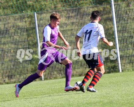 Fussball. Unterliga Ost. Austria Klagenfurt Amateure gegen SG FC Poggersdorf. Lukas Matthias Hausott (Austria Klagenfurt), Christoph Duller(Poggersdorf). Klagenfurt, 29.8.2015.
Foto: Kuess 
---
pressefotos, pressefotografie, kuess, qs, qspictures, sport, bild, bilder, bilddatenbank