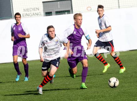 Fussball. Unterliga Ost. Austria Klagenfurt Amateure gegen SG FC Poggersdorf. Florian Jaritz  (Austria Klagenfurt), Michael Alfred Hofbauer (Poggersdorf). Klagenfurt, 29.8.2015.
Foto: Kuess 
---
pressefotos, pressefotografie, kuess, qs, qspictures, sport, bild, bilder, bilddatenbank