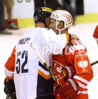 Eishockey Champions Hockey League. KAC gegen HC Kosice. Oliver Setzinger,  (KAC), Radek Philipp (HC Kosice). Klagenfurt, am 30.8.2015.
Foto: Kuess
---
pressefotos, pressefotografie, kuess, qs, qspictures, sport, bild, bilder, bilddatenbank