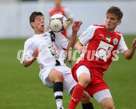 OEFB Jugendliga U18. Akademie. WAC gegen AKA Burgenland. Alexander Ranacher (WAC),  Philipp Buchegger (Burgenland). Klagenfurt, am 5.9.2015.
Foto: Kuess
---
pressefotos, pressefotografie, kuess, qs, qspictures, sport, bild, bilder, bilddatenbank