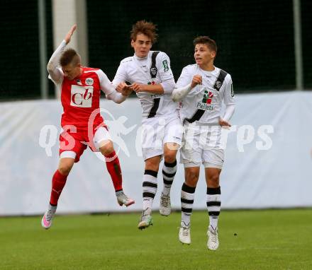 OEFB Jugendliga U18. Akademie. WAC gegen AKA Burgenland. Moritz Leitner,  (WAC), Michael Augustin (Burgenland). Klagenfurt, am 5.9.2015.
Foto: Kuess
---
pressefotos, pressefotografie, kuess, qs, qspictures, sport, bild, bilder, bilddatenbank