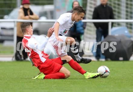 OEFB Jugendliga U18. Akademie. WAC gegen AKA Burgenland. Fabio Putzl,  (WAC), Daniel Haring (Burgenland). Klagenfurt, am 5.9.2015.
Foto: Kuess
---
pressefotos, pressefotografie, kuess, qs, qspictures, sport, bild, bilder, bilddatenbank