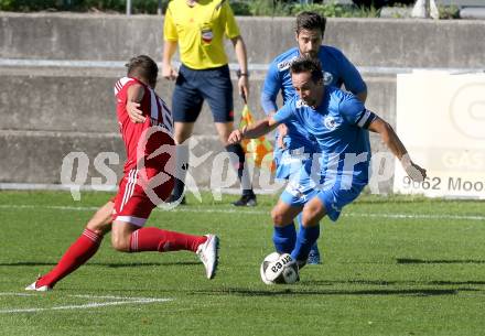 Fussball Regionalliga. Annabichler SV gegen ATSV Stadl-Paura. Matthias Dollinger,  (ASV), Robert Pervan (Stadl-Paura). Annabichl, am 6.9.2015.
Foto: Kuess
---
pressefotos, pressefotografie, kuess, qs, qspictures, sport, bild, bilder, bilddatenbank