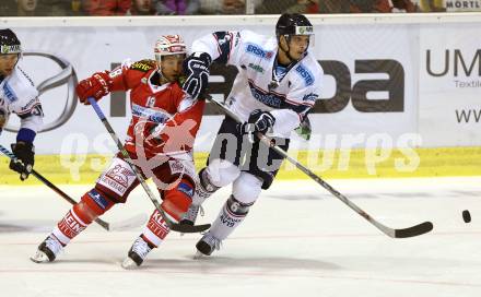 EBEL. Eishockey Bundesliga. KAC gegen Fehervar AV 19. Thomas Koch, (KAC), Bence Sziranyi  (Alba Volan). Klagenfurt, am 11.9.2015.
Foto: Kuess

---
pressefotos, pressefotografie, kuess, qs, qspictures, sport, bild, bilder, bilddatenbank