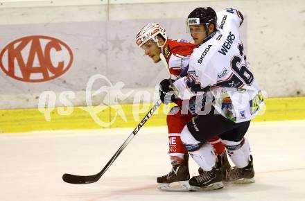 EBEL. Eishockey Bundesliga. KAC gegen Fehervar AV 19. Manuel Geier, (KAC), Kevin Wehrs (Alba Volan). Klagenfurt, am 11.9.2015.
Foto: Kuess

---
pressefotos, pressefotografie, kuess, qs, qspictures, sport, bild, bilder, bilddatenbank