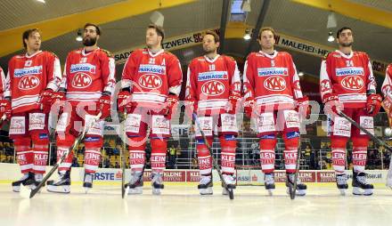 EBEL. Eishockey Bundesliga. KAC gegen Fehervar AV 19. Thomas Hundertpfund, Martin Schumnig, Manuel Geier, Thomas Koch, Jason Desantis, Steven Strong (KAC). Klagenfurt, am 11.9.2015.
Foto: Kuess

---
pressefotos, pressefotografie, kuess, qs, qspictures, sport, bild, bilder, bilddatenbank