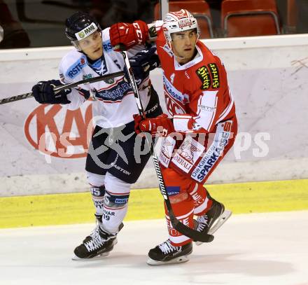 EBEL. Eishockey Bundesliga. KAC gegen Fehervar AV 19. Mark Popovic, (KAC), Arnold Varga (Alba Volan). Klagenfurt, am 11.9.2015.
Foto: Kuess

---
pressefotos, pressefotografie, kuess, qs, qspictures, sport, bild, bilder, bilddatenbank