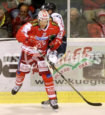 EBEL. Eishockey Bundesliga. KAC gegen Fehervar AV 19. Thomas Hundertpfund,  (KAC), Attila Orban (Alba Volan). Klagenfurt, am 11.9.2015.
Foto: Kuess

---
pressefotos, pressefotografie, kuess, qs, qspictures, sport, bild, bilder, bilddatenbank