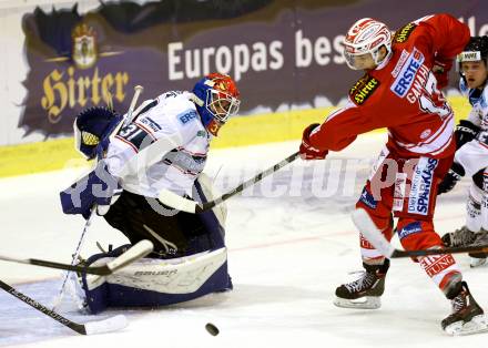 EBEL. Eishockey Bundesliga. KAC gegen Fehervar AV 19. Manuel Ganahl,  (KAC), Miklos Rajna (Alba Volan). Klagenfurt, am 11.9.2015.
Foto: Kuess

---
pressefotos, pressefotografie, kuess, qs, qspictures, sport, bild, bilder, bilddatenbank