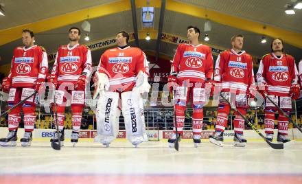 EBEL. Eishockey Bundesliga. KAC gegen Fehervar AV 19. Jason Desantis, Steven Strong, Bernd Brueckler, Mark Popovic, Jonas Nordquist, Markus Poeck (KAC). Klagenfurt, am 11.9.2015.
Foto: Kuess

---
pressefotos, pressefotografie, kuess, qs, qspictures, sport, bild, bilder, bilddatenbank