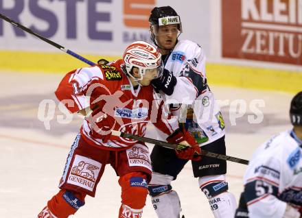 EBEL. Eishockey Bundesliga. KAC gegen Fehervar AV 19. Manuel Ganahl, (KAC), Kevin Wehrs (Alba Volan). Klagenfurt, am 11.9.2015.
Foto: Kuess

---
pressefotos, pressefotografie, kuess, qs, qspictures, sport, bild, bilder, bilddatenbank