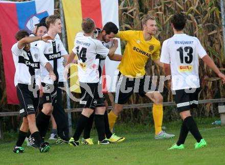 Fussball Kaerntner Liga. Kuehnsdorf gegen SAK.  Torjubel Christopher Sallinger (Kuehnsdorf). Kuehnsdorf, am 12.9.2015.
Foto: Kuess
---
pressefotos, pressefotografie, kuess, qs, qspictures, sport, bild, bilder, bilddatenbank