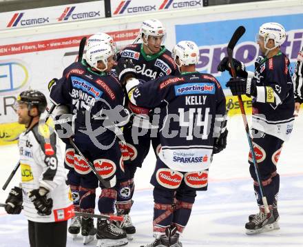 EBEL. Eishockey Bundesliga. EC VSV gegen Dornbirner Eishockey Club.  Torjubel Eric Hunter, Nico Brunner (VSV). Villach, am 12.9.2015.
Foto: Kuess 


---
pressefotos, pressefotografie, kuess, qs, qspictures, sport, bild, bilder, bilddatenbank