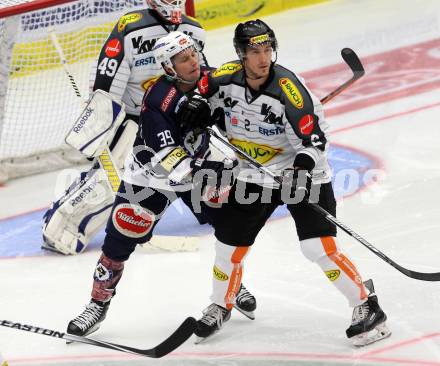 EBEL. Eishockey Bundesliga. EC VSV gegen Dornbirner Eishockey Club.  Patrick Platzer,  (VSV), Olivier Magnan (Dornbirn). Villach, am 12.9.2015.
Foto: Kuess 


---
pressefotos, pressefotografie, kuess, qs, qspictures, sport, bild, bilder, bilddatenbank