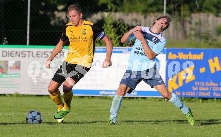 Fussball 1. Klasse D. Griffen gegen St. Margareten/Ros. Florian Baumann,  (Griffen), Markus Lausegger (St. Margareten). Griffen, am 12.9.2015.
Foto: Kuess
---
pressefotos, pressefotografie, kuess, qs, qspictures, sport, bild, bilder, bilddatenbank