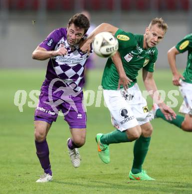 Fussball Sky go Erste Liga. SK Austria Klagenfurt gegen SC Austria Lustenau.   Domagoj Beslic (Klagenfurt), Martin Kreuzriegler (Lustenau). Klagenfurt, am 15.9.2015.
Foto: Kuess 
---
pressefotos, pressefotografie, kuess, qs, qspictures, sport, bild, bilder, bilddatenbank